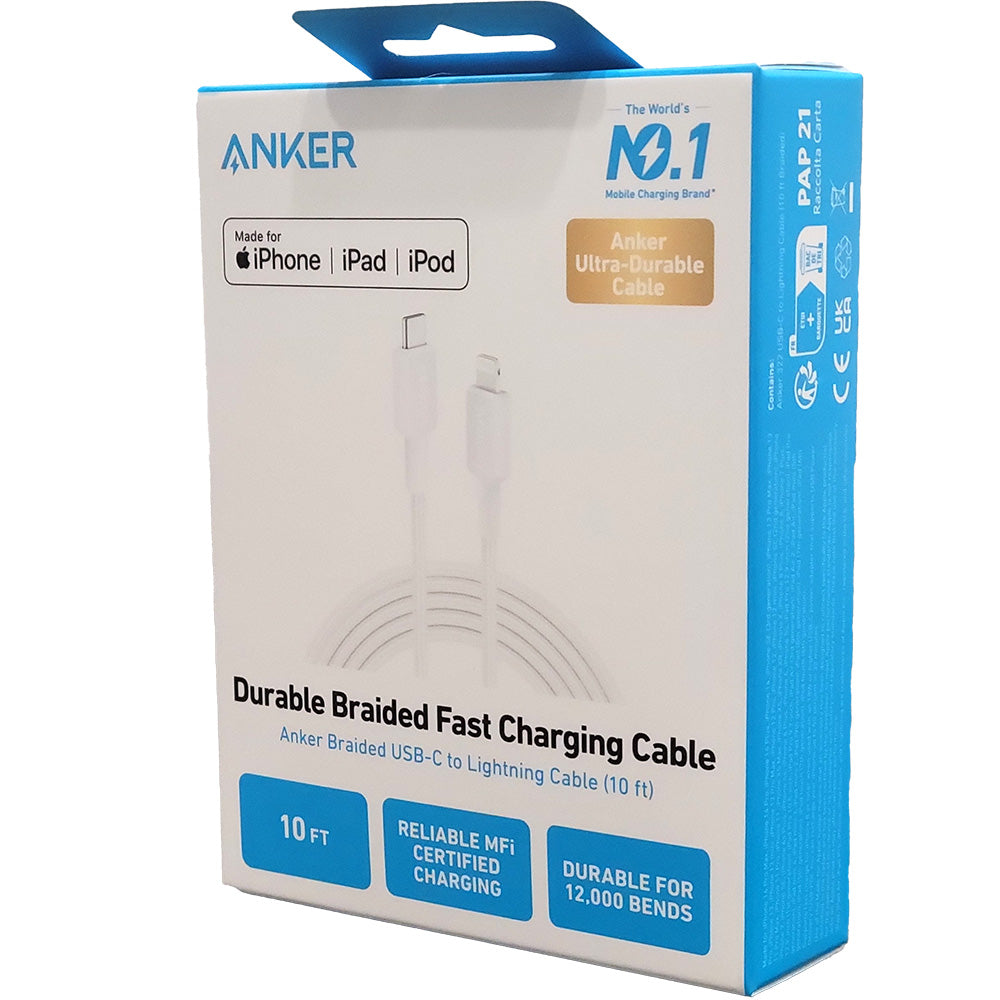 Anker Braided 10ft USB-C to Lightning Fast Charging Cable - White - New