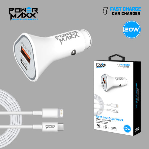 Fast Car Charger 20W PD & QC 3.0 USB WHT w 3ft C to 8Pin Cable