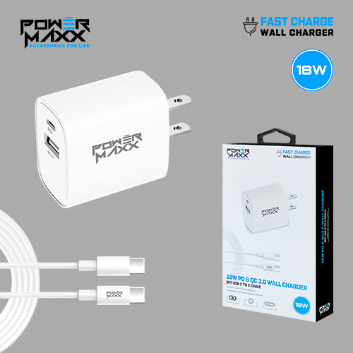 18W PD + QC 3.0 Wall Charger 5ft C to C cable white