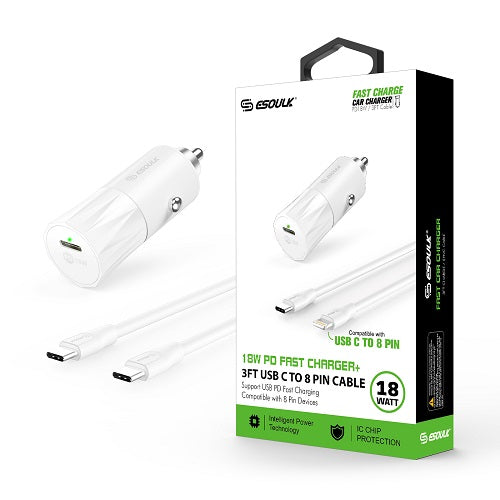 PKG 18W PD Fast Charger Car & 3FT C to C Cable White