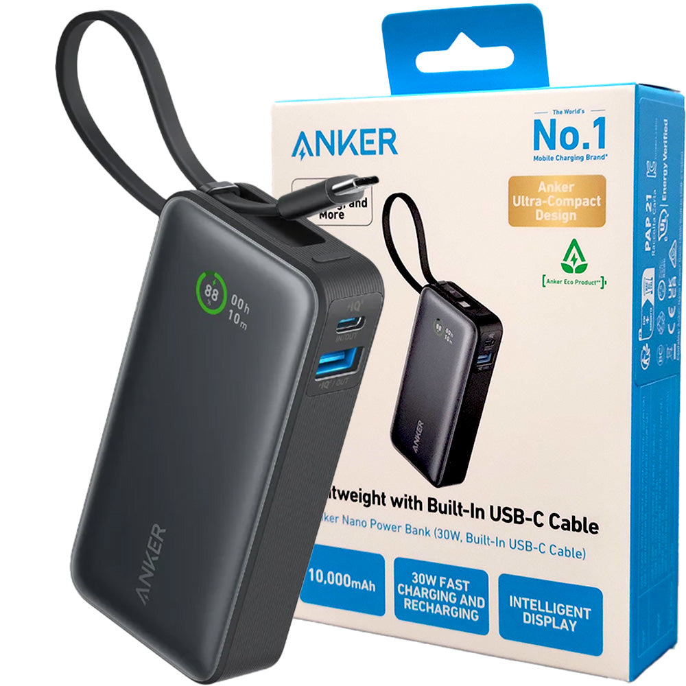 Anker Nano Power Bank (30W, Built-In USB-C Cable) - Black - New